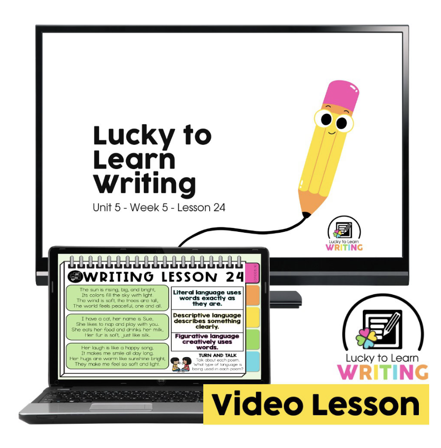 Image showing an online video lesson for writing Cinquain poems in 2nd grade, with a lesson titled 'Writing Lesson 24' and a visual example of a poem about a cat. A great resource for teaching poetry to young students.